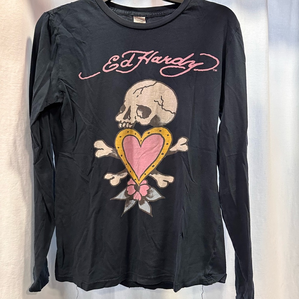 Ed Hardy Black Long Sleeve Kids Tee with Skull and Heart